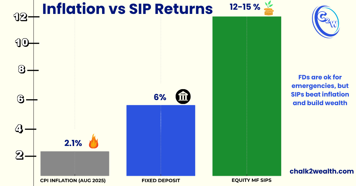 Best SIP Plans – Bar chart comparing CPI Inflation (2.1%), Fixed Deposit (6%), and Equity SIP Returns (12–15%) with icons, showing why SIPs are best for long-term wealth building compared to FDs