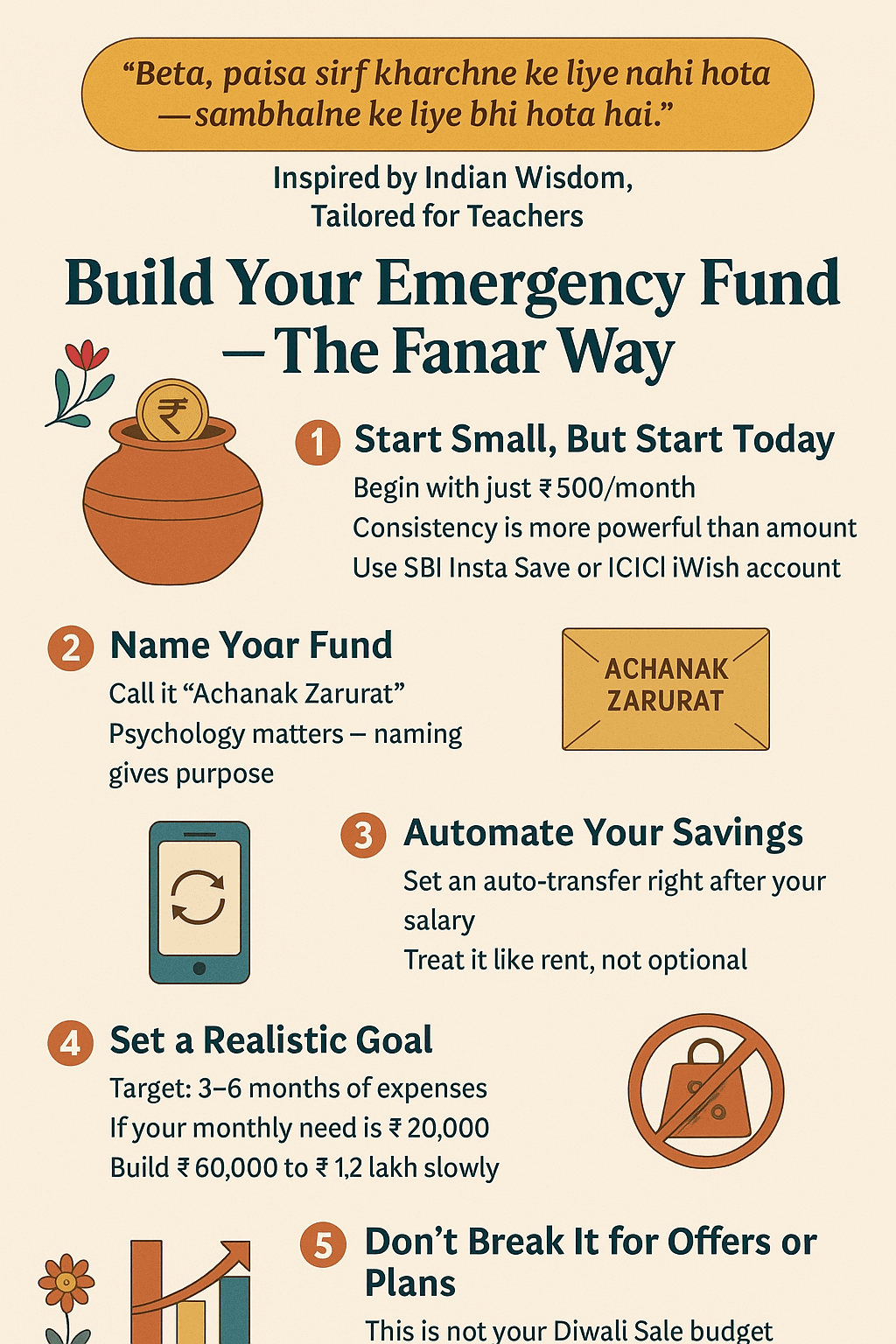 Infographic showing five steps to build an emergency fund for Indian teachers, inspired by rural Himachali savings traditions like the Sandook and envelope system