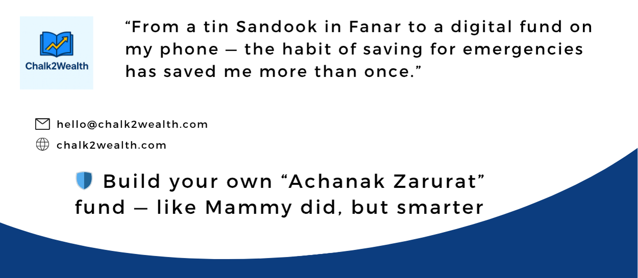 Traditional Indian Sandook with labeled envelopes and a digital phone app showing emergency fund savings — symbolizing financial wisdom across generations