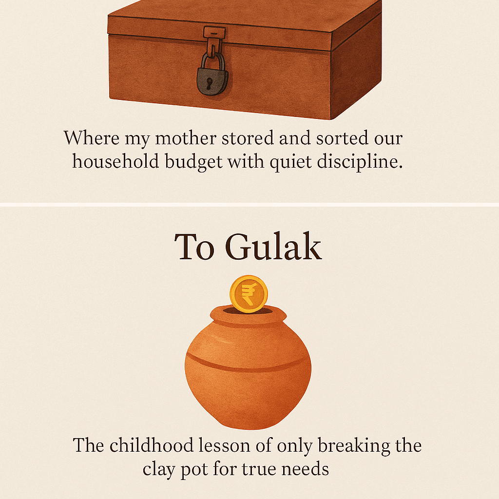 “Illustration showing a traditional Sandook and clay Gulak representing Indian budgeting wisdom across generations.”