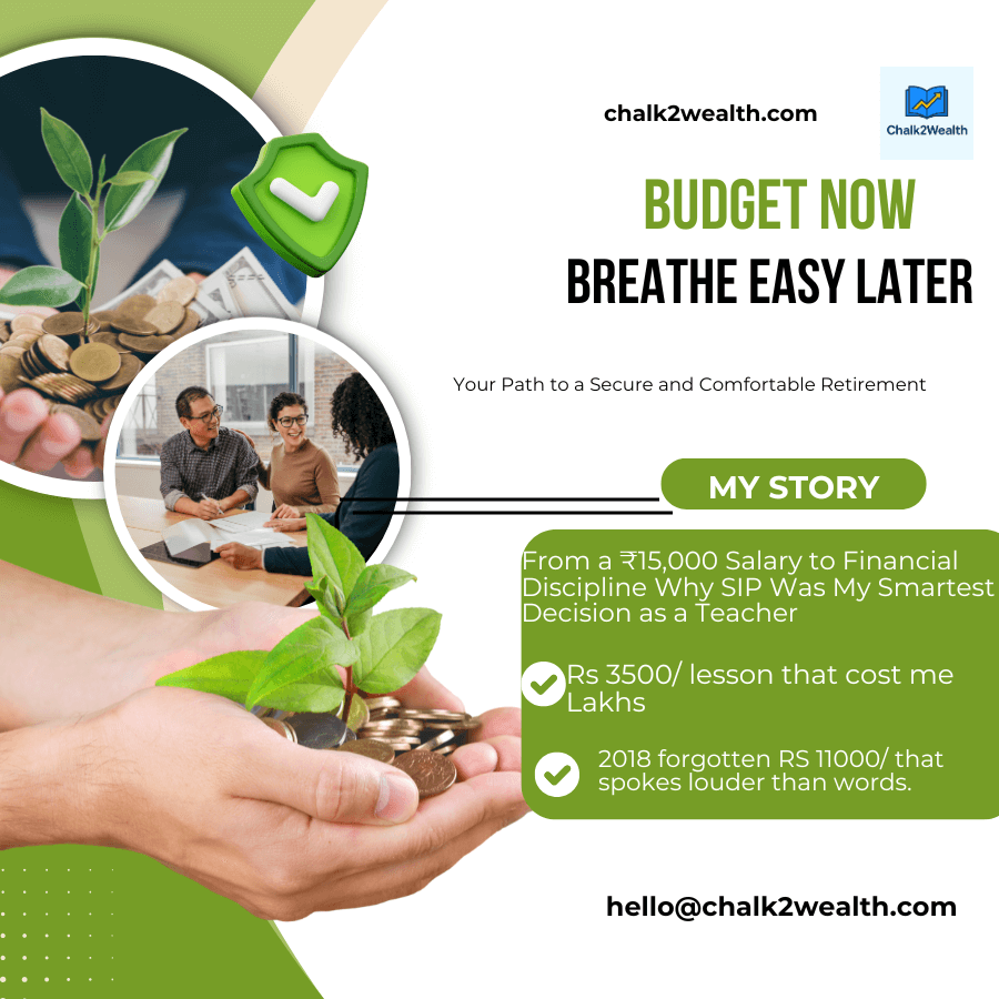 A teacher's hands nurturing a plant growing from coins, symbolizing SIP investment and disciplined saving from a ₹15,000 salary