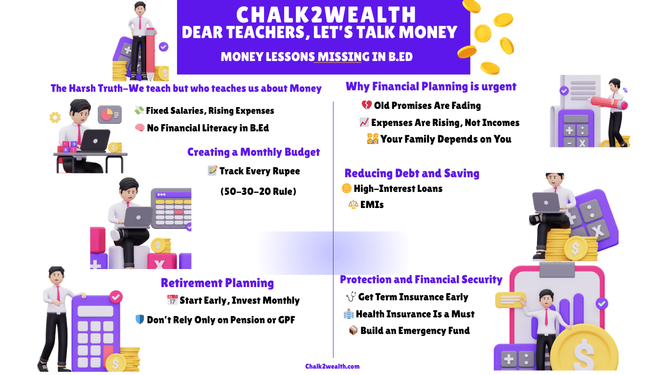 Infographic titled “Dear Teachers, Let’s Talk Money” by Chalk2Wealth, showing key financial lessons missing in B.Ed, including budgeting, saving, debt reduction, retirement planning, and insurance tips for teachers and principals.