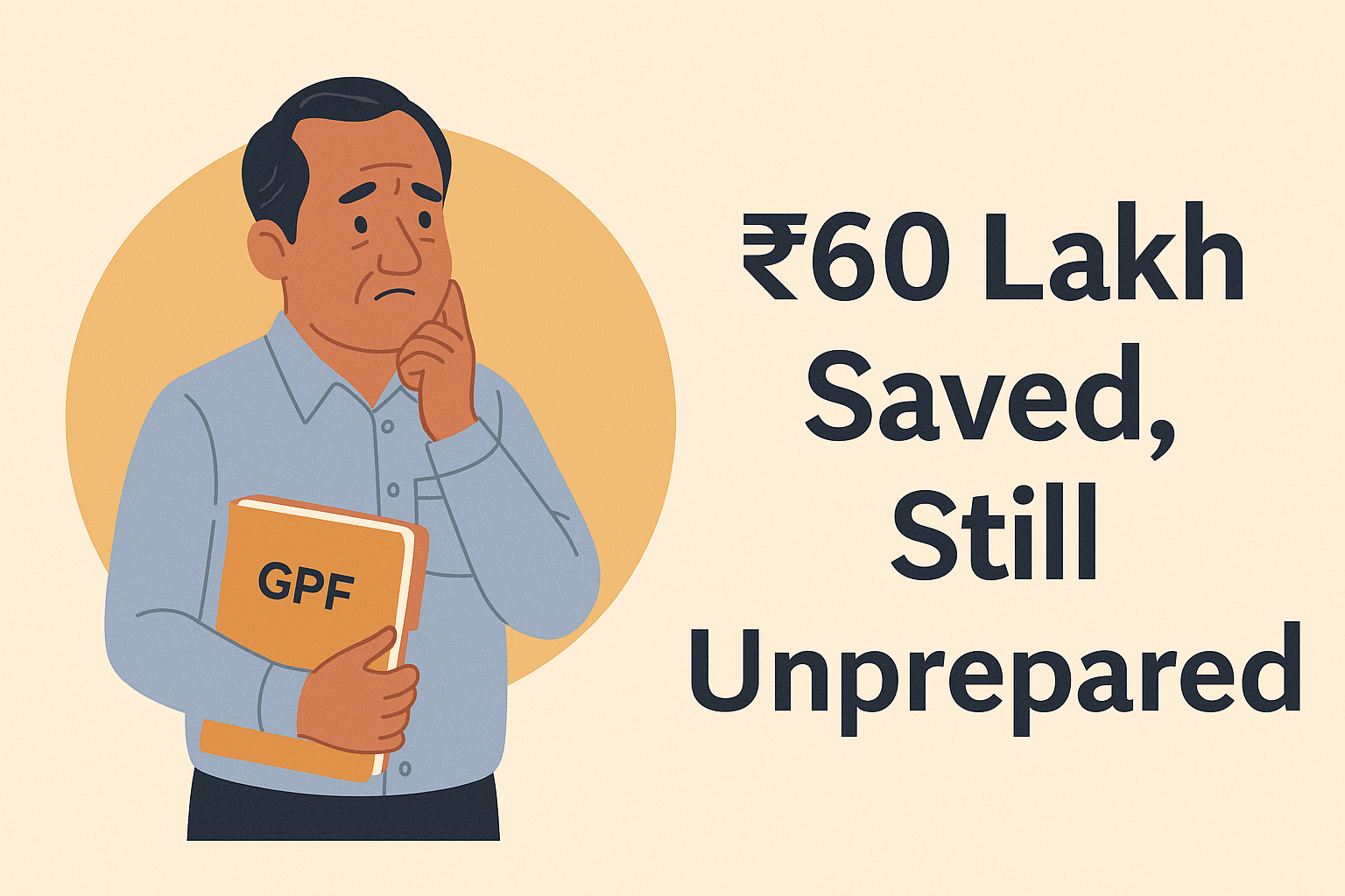 Middle-aged Indian teacher holding a GPF file, looking concerned about his financial future