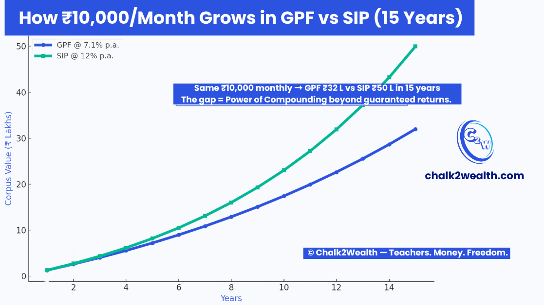 Top Investment Options comparison chart showing how ₹10,000 monthly grows in GPF vs SIP over 15 years, highlighting the power of compounding and the need for diversification for Indian teachers