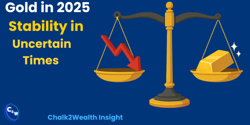 Top Investment Options visual showing gold bars balancing against a falling stock arrow on a weighing scale, symbolizing stability in uncertain times and gold’s role as a safe investment in 2025