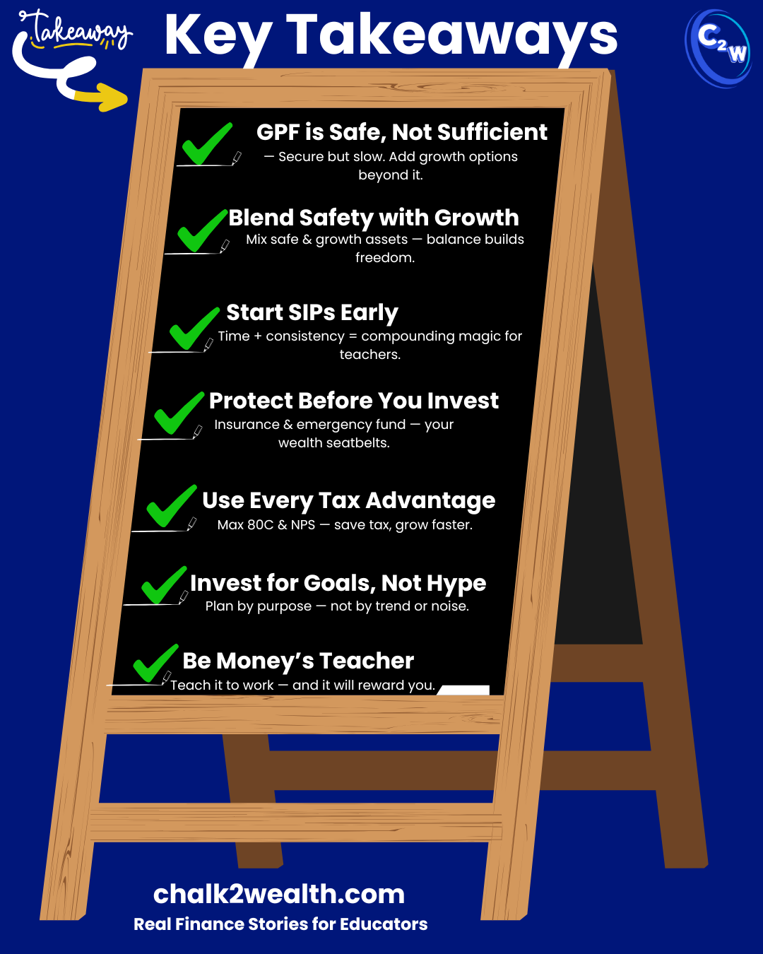 Top Investment Options key takeaways for teachers — infographic summarizing seven smart investment strategies beyond GPF including PPF, NPS, ELSS, SIPs, SSY, gold, and insurance — Chalk2Wealth visual guide.