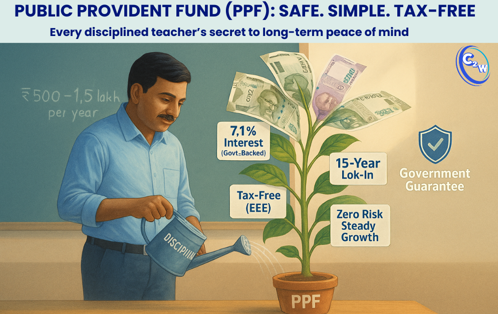 Top Investment Options: Indian school teacher watering a money plant labeled PPF, symbolizing disciplined long-term savings with 7.1% government-backed interest, 15-year lock-in, tax-free growth, and zero-risk steady returns — Chalk2Wealth visual guide.