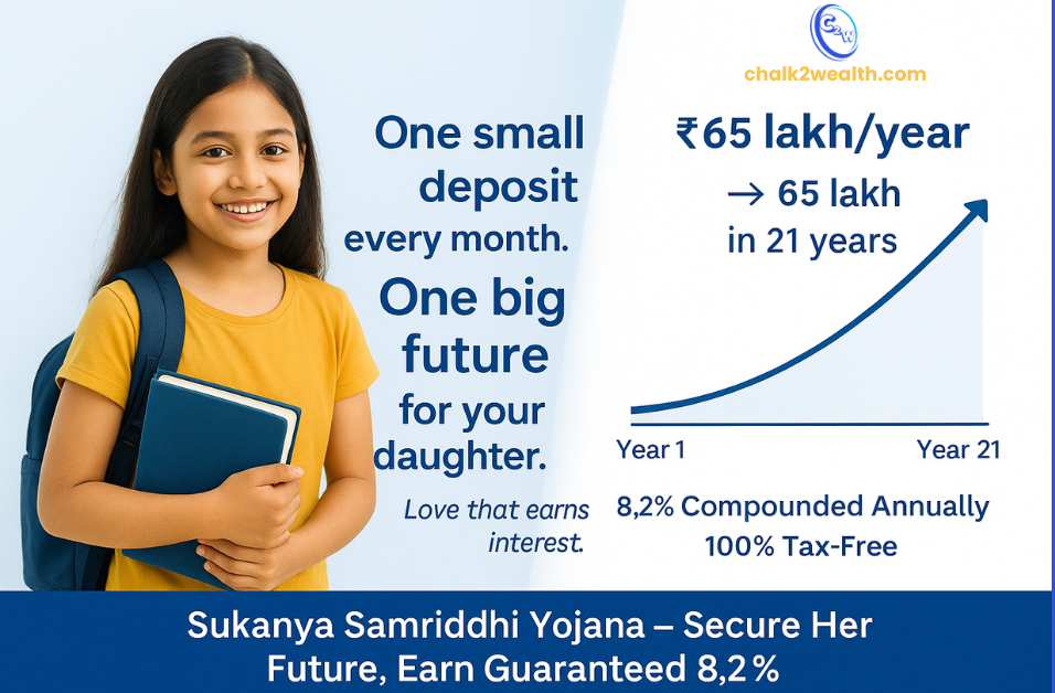 Top Investment Options visual showing Sukanya Samriddhi Yojana benefits with a smiling Indian schoolgirl and a financial growth chart, illustrating how ₹1.5 lakh per year can grow into ₹65 lakh in 21 years with 8.2% tax-free returns.