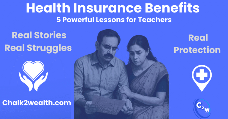 Health insurance benefits for teachers — Indian teacher with wife in hospital corridor, holding medical report with worried expressions, highlighting real-life financial protection needs