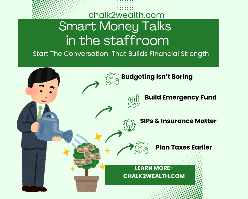 “Infographic showing smart money tips for school staff including budgeting, emergency fund, tax planning, and SIPs