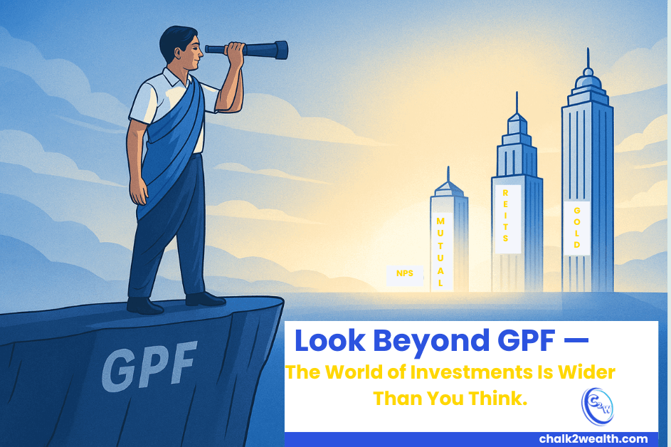 Top Investment Options for Teachers Beyond GPF — Illustration of an Indian teacher looking through a telescope toward new financial opportunities like Mutual Funds, NPS, REITs, and Gold Bonds, symbolizing smart long-term investing.