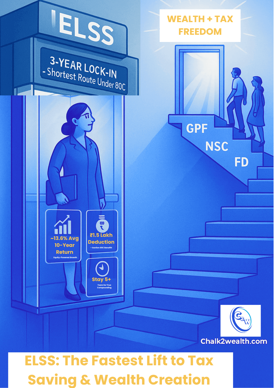Top Investment Options – Indian teacher in an ELSS elevator rising toward financial freedom, symbolizing faster growth and tax savings compared to GPF, NSC, and FD