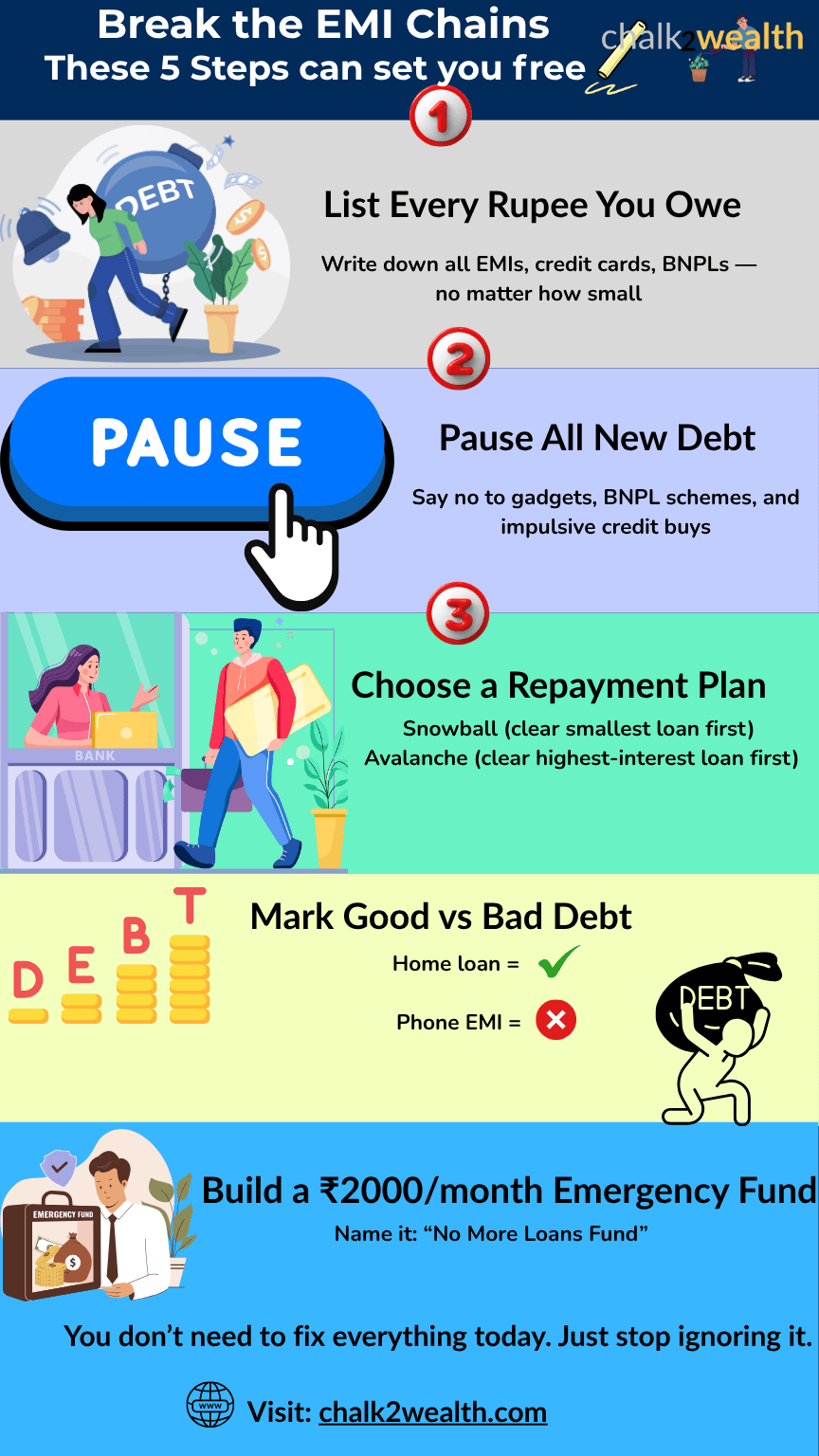 Debt trap escape infographic showing 5 steps to break free from EMI burden including emergency fund, good vs bad debt, repayment plan, and spending pause.
