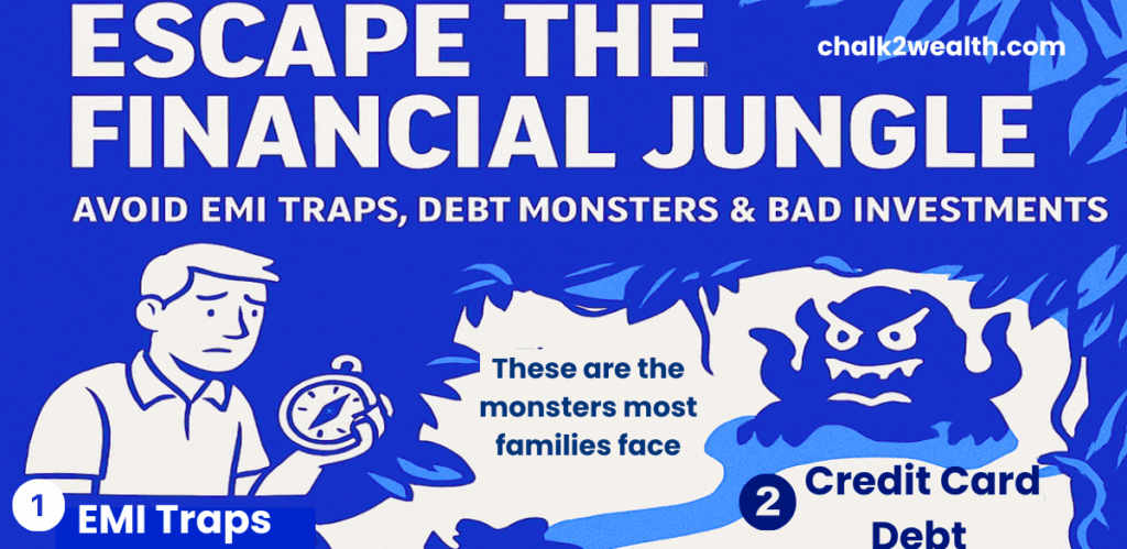 EMI Monster in the financial jungle — infographic on EMI burden, credit card debt, wrong mutual funds, and wrong insurance