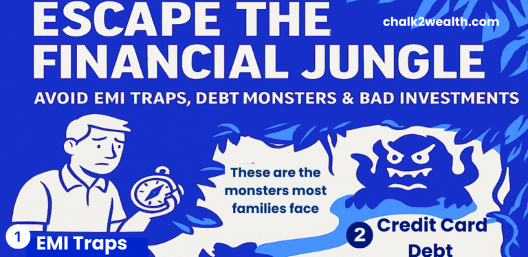 EMI Monster in the financial jungle — infographic on EMI burden, credit card debt, wrong mutual funds, and wrong insurance