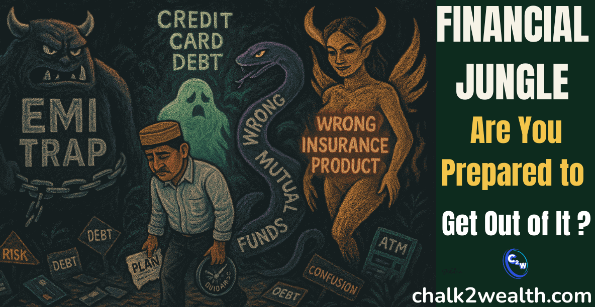 Financial Jungle with EMI trap, credit card debt, wrong mutual funds, and wrong insurance products surrounding a tired man, symbolizing financial struggles.