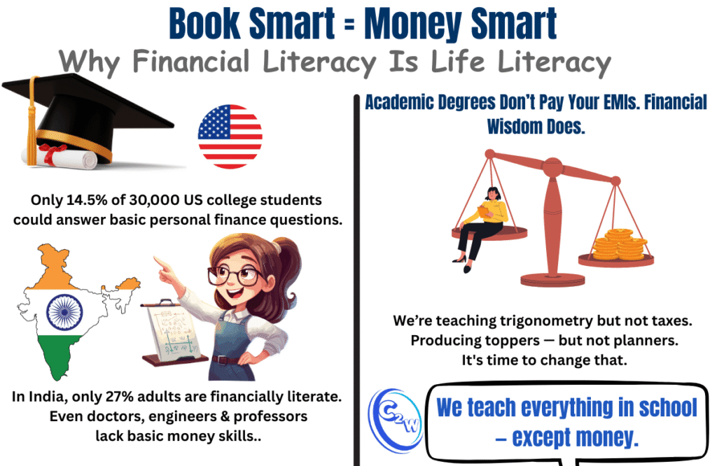 Financial literacy vs academic intelligence — infographic showing why being book-smart isn't enough for life. Only 27% of Indian adults are financially literate.