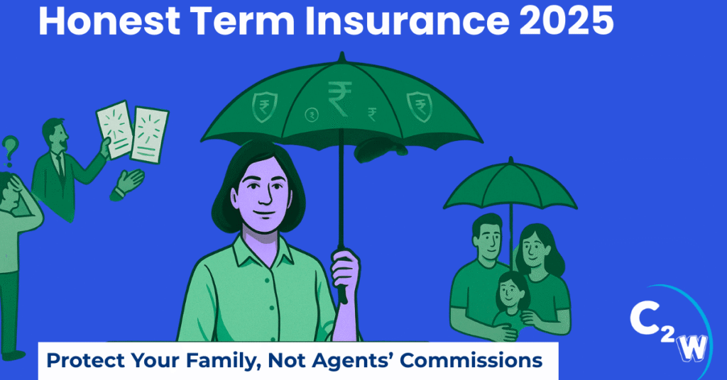 Term life insurance for teachers in India 2025 — Indian teacher holding umbrella symbolizing financial protection, family safely under it, and salesperson luring with endowment plans in background