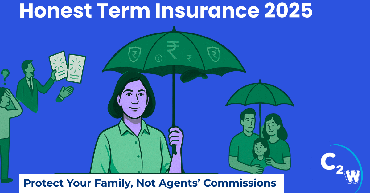 Term life insurance for teachers in India 2025 — Indian teacher holding umbrella symbolizing financial protection, family safely under it, and salesperson luring with endowment plans in background
