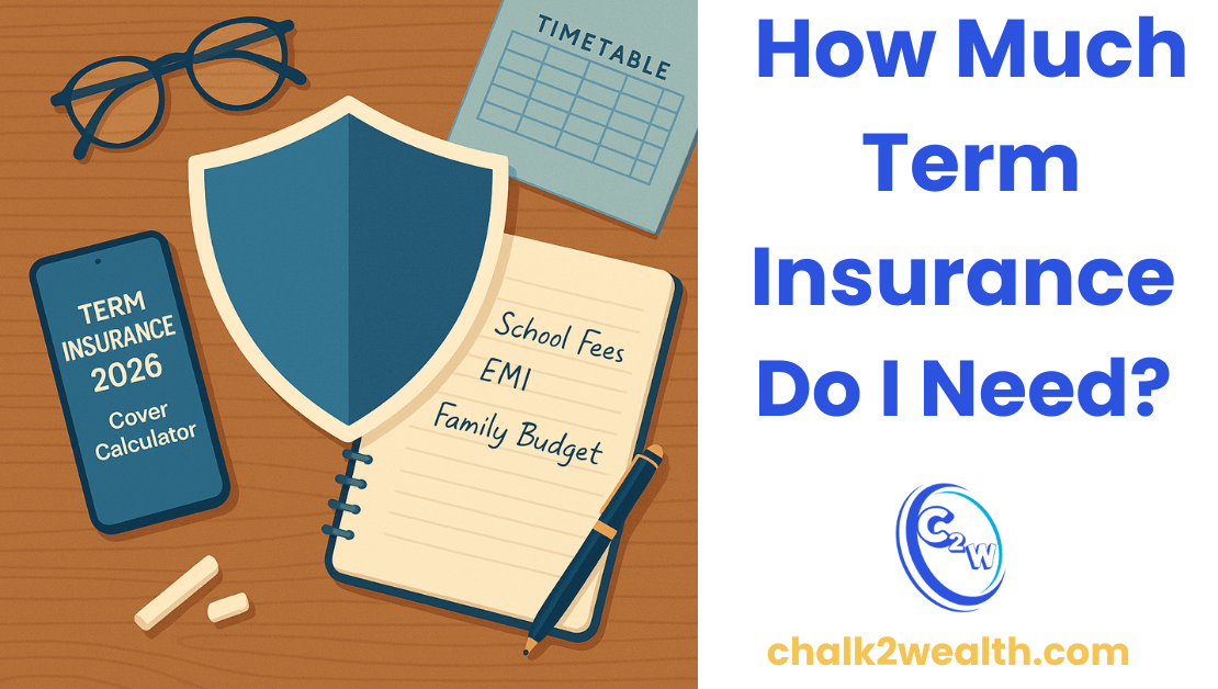 How Much Term Insurance Do I Need illustration showing a teacher’s desk with budget notebook, school fees, EMI planning, calculator, and protection shield