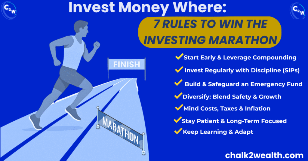 Invest Money Where – a runner on marathon track illustrating 7 rules for long-term investing by Chalk2Wealth.