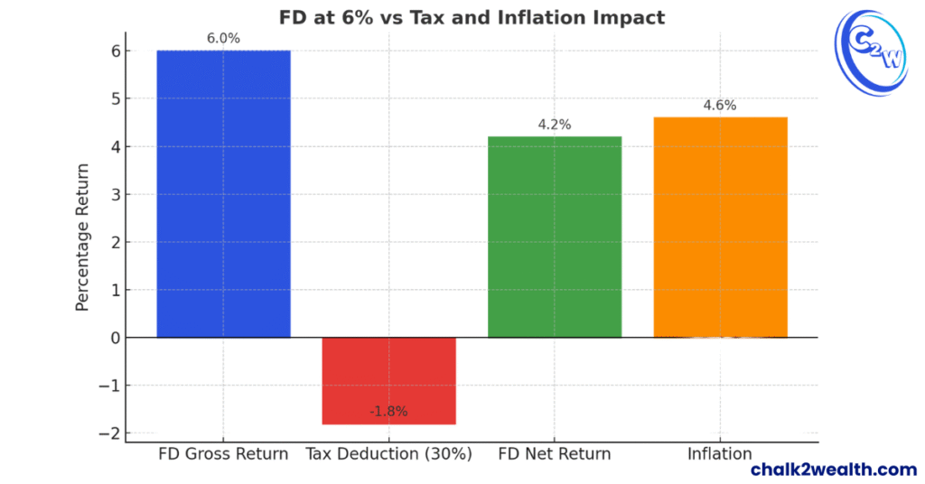 Invest money where FD returns fall after tax compared to inflation in India.