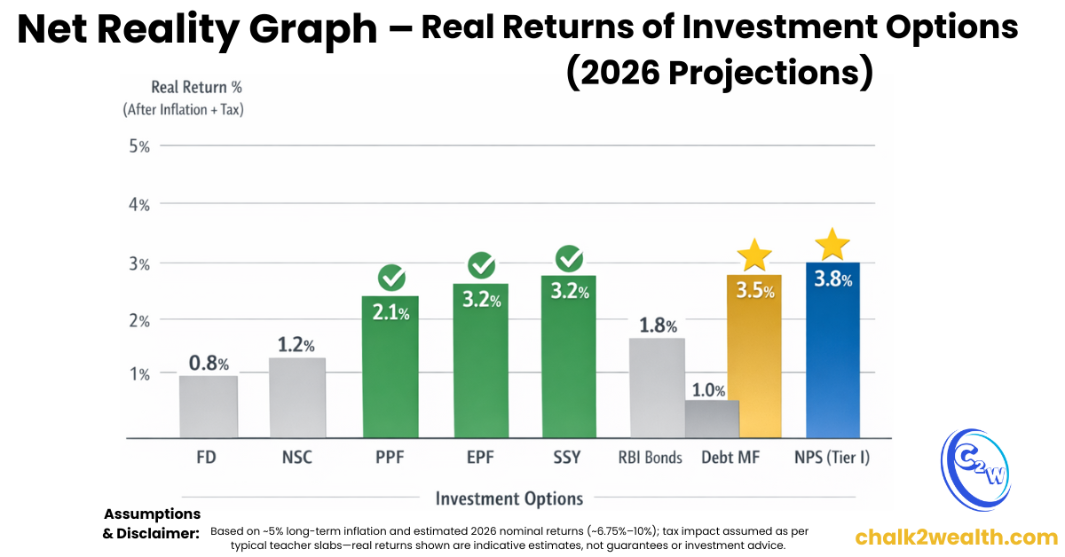 Safe investment options in India showing real returns after inflation and tax in 2026, including FD, PPF, EPF, SSY, NPS and mutual funds