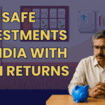 Safe investments in India with high returns – Indian teacher in staffroom with blue piggy bank and coin jar on desk (2025)