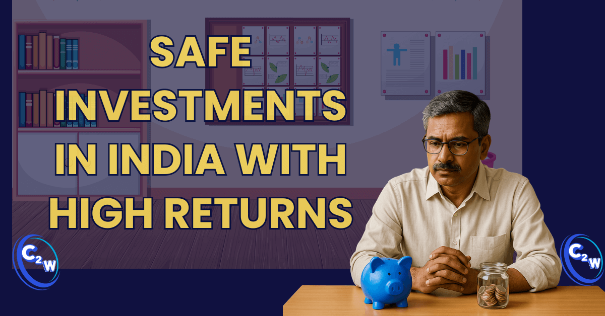 Safe investments in India with high returns – Indian teacher in staffroom with blue piggy bank and coin jar on desk (2025)