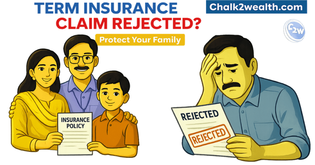 Term insurance claims rejected illustration showing worried man holding rejected claim and family holding insurance policy