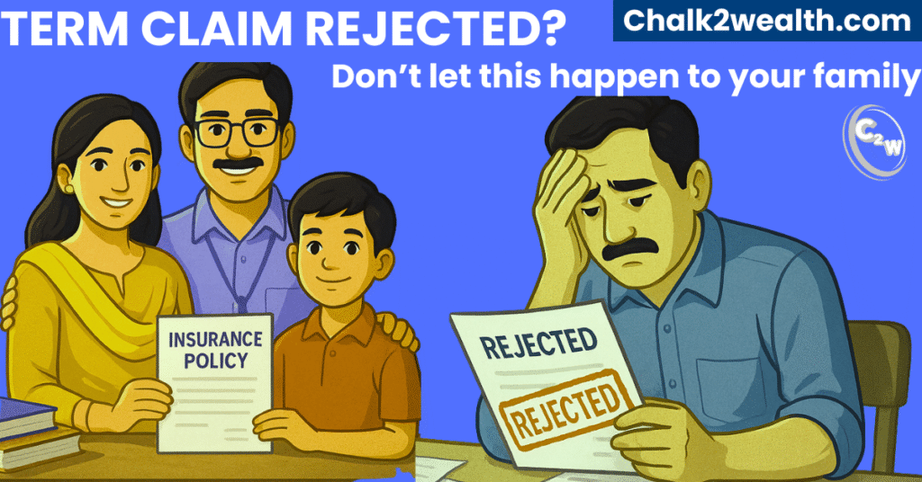 Term insurance claims featured image showing a teacher’s family holding an insurance policy on one side and a distressed man with a rejected document on the other.