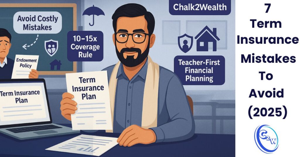 Term insurance mistakes shown with an Indian teacher holding a term insurance plan document and infographic text about 7 mistakes to avoid in 2025