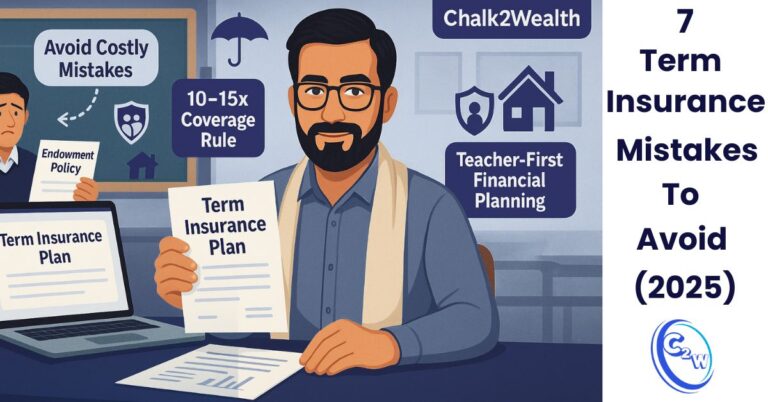 Term insurance mistakes shown with an Indian teacher holding a term insurance plan document and infographic text about 7 mistakes to avoid in 2025