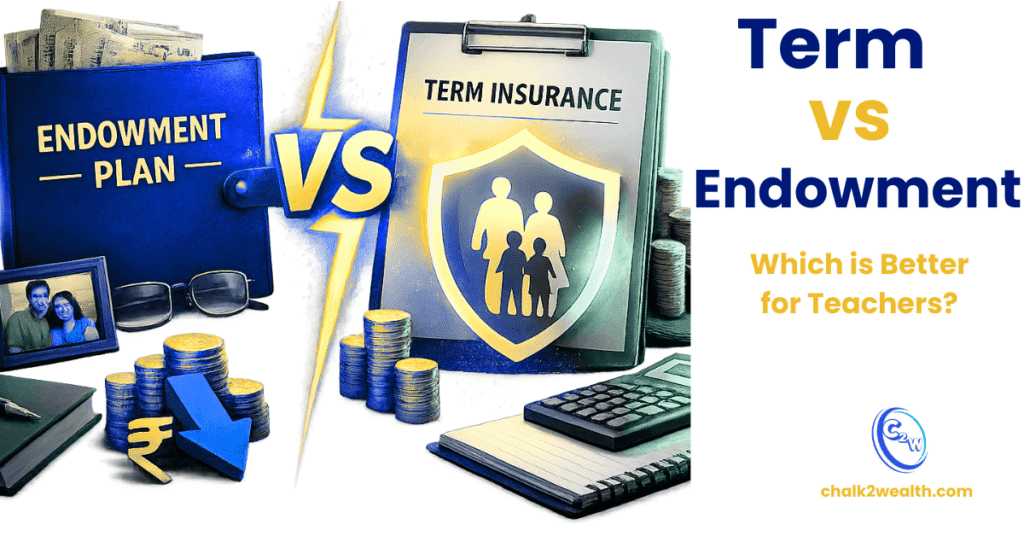 Term insurance vs endowment plan comparison for teachers in India showing life cover, returns and cost difference