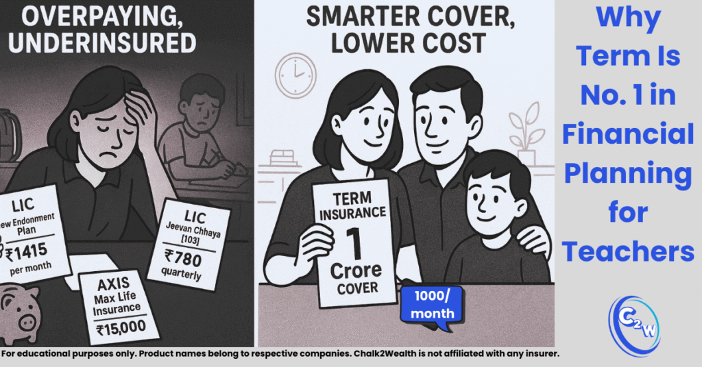 Term insurance vs endowment plan comparison showing stressed Indian teacher family with multiple costly policies on left and happy family with ₹1 crore affordable term cover on right.