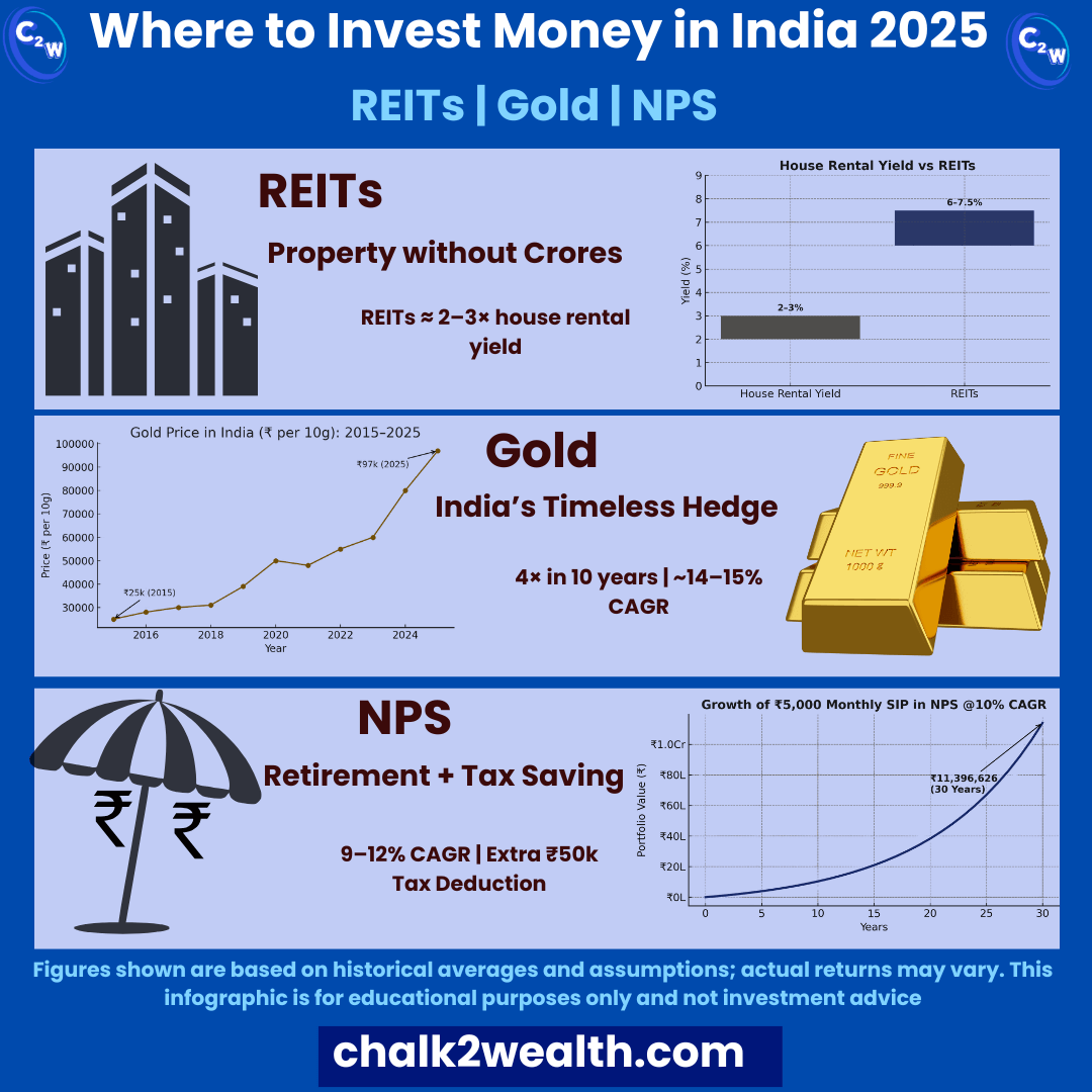 Where to invest money in India 2025 infographic – REITs vs house rental yield, Gold price trend, and NPS ₹5000 SIP growth for teachers