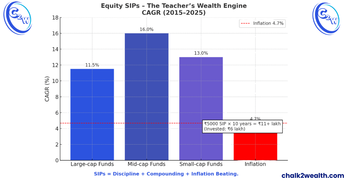 Where to invest money in India – Equity SIP returns vs inflation (2015–2025) bar graph, Chalk2Wealth infographic.