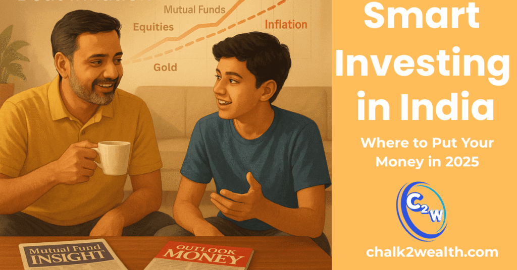 Where to invest money in India – illustration of middle-class family learning about mutual funds, gold, and equities to beat inflation