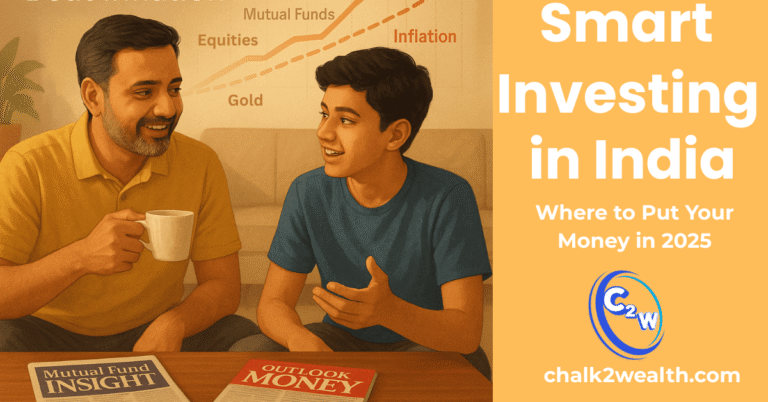 Where to invest money in India – illustration of middle-class family learning about mutual funds, gold, and equities to beat inflation