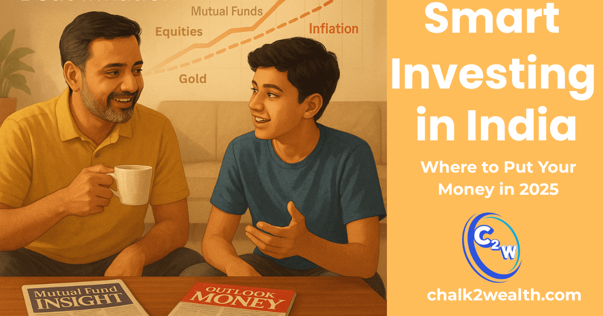 Where to invest money in India – illustration of middle-class family learning about mutual funds, gold, and equities to beat inflation