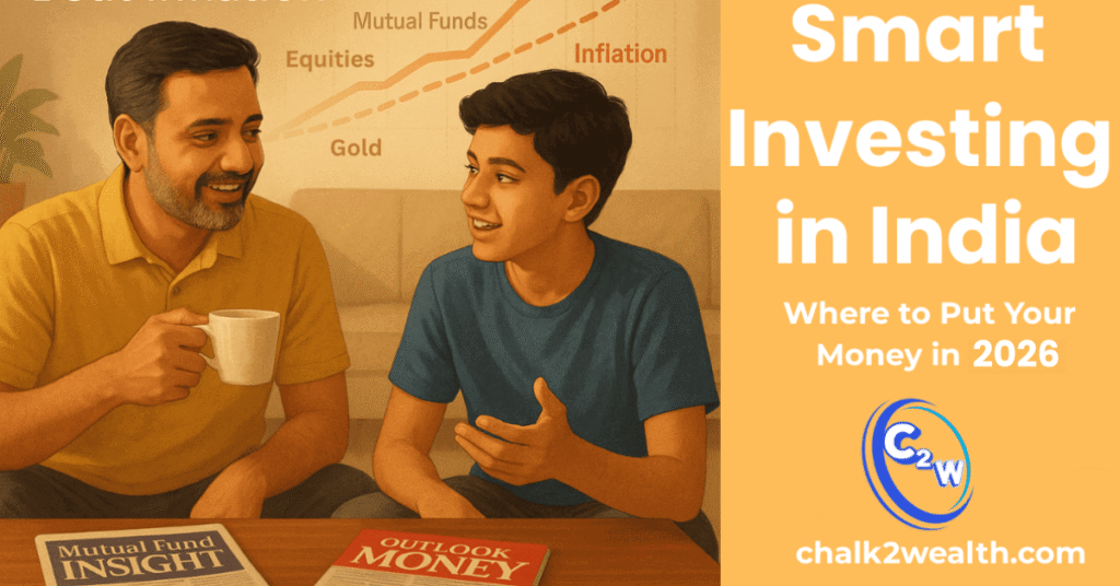 Where to invest money in India – illustration of middle-class family learning about mutual funds, gold, and equities to beat inflation
