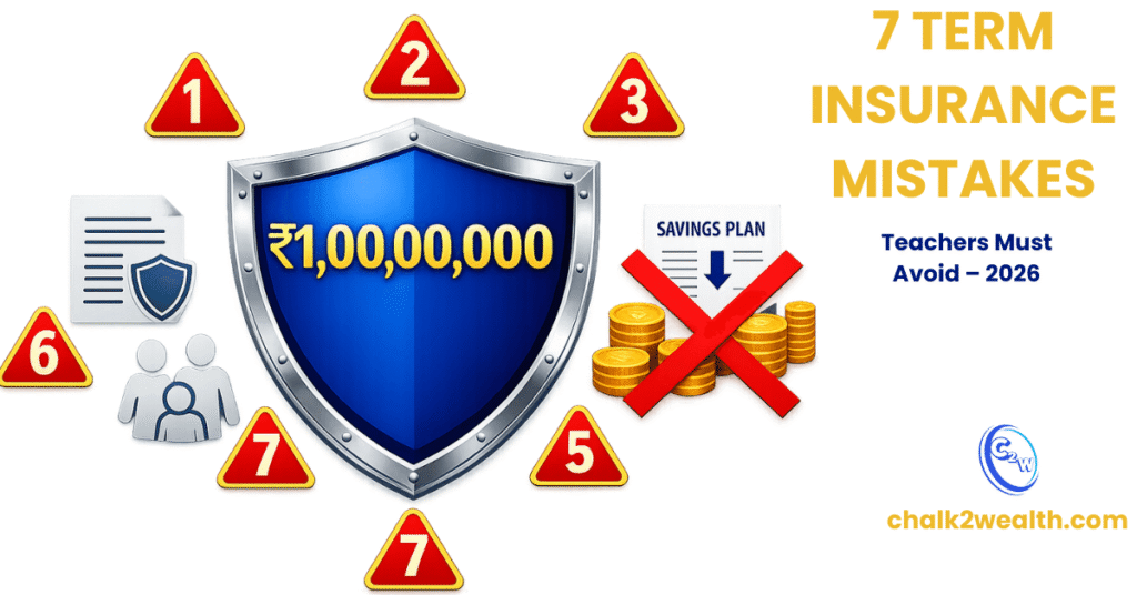 Why term insurance is important in India showing ₹1 crore protection shield and 7 costly term insurance mistakes for teachers and families