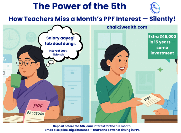 PPF Interest illustration showing how teachers can lose a month’s return by depositing after the 5th, and how early deposits before April 5 maximize tax-free PPF growth.