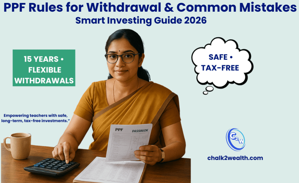 PPF Rules for Withdrawal visual guide showing Indian school teacher reviewing PPF passbook, highlighting safe, tax-free and flexible investment features.