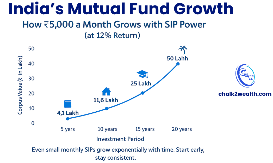 What Are Systematic Investment Plans SIP growth chart showing how ₹5,000 monthly SIP grows into ₹50 lakh over 20 years at 12% return. Chalk2Wealth infographic explaining compounding power for Indian teachers and families.