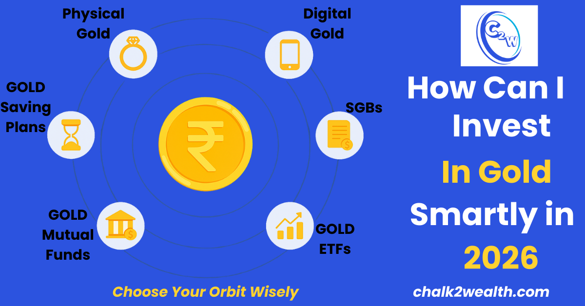 How Can I Invest in Gold in 2026 infographic showing six smart options including SGBs, gold ETFs, digital gold, physical gold, gold mutual funds, and gold saving plans arranged in an orbit layout.