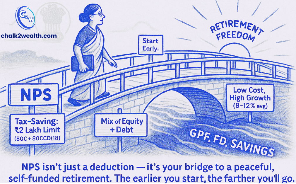 How to open NPS account — a teacher crossing a bridge labeled NPS toward retirement freedom, symbolizing early investment, tax savings, and long-term growth.