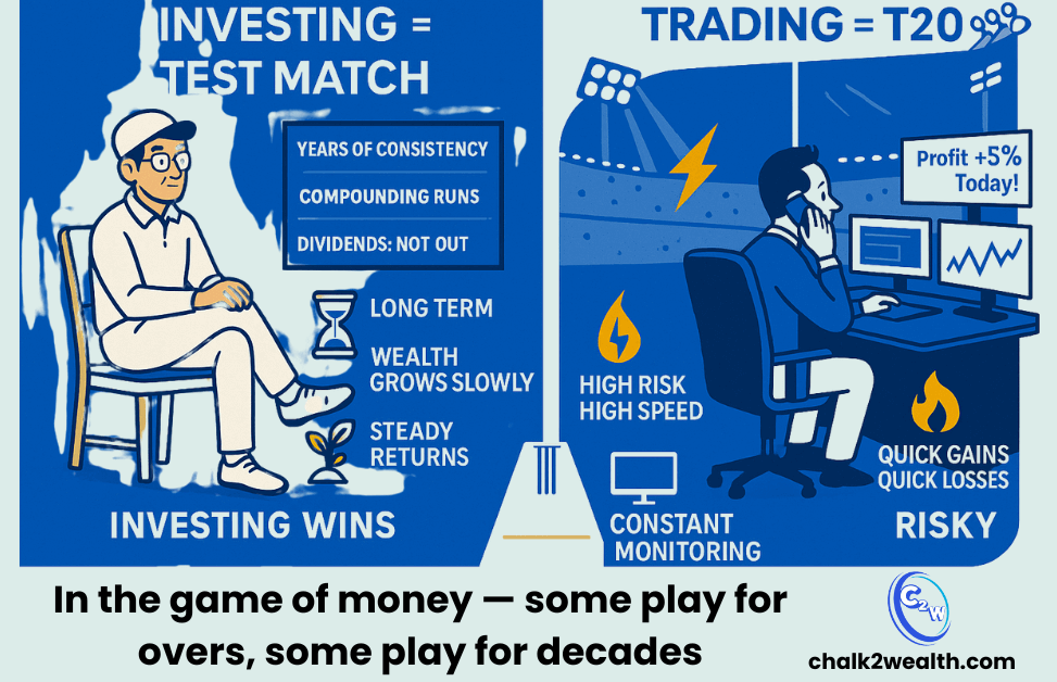 Investment vs Trading infographic comparing long-term investing (Test Match) with short-term trading (T20), showing patient teacher-investor vs fast-paced trader in Chalk2Wealth blue and gold theme