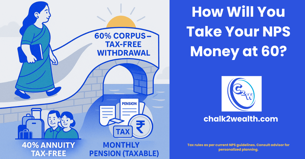 National Pension Scheme withdrawal rules infographic showing a female Indian teacher choosing between 60 percent tax-free lump sum and 40 percent taxable monthly annuity at age 60, represented as a split bridge leading to retirement freedom.