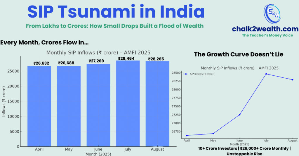 What Are Systematic Investment Plans - SIP growth in India 2025 showing rising monthly inflows from April to August with bar and line chart by Chalk2Wealth